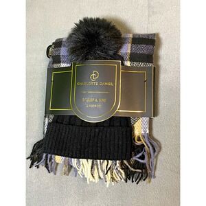 Charlotte Daniel Women's 2pc Plaid Scarf & Knit Beanie Faux Fur Pom, Black